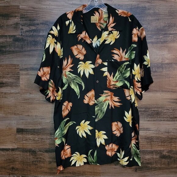 JoS A Bank Silk Hawaiian Shirt Size L Tropical Black Preppy Quiet Luxury - Picture 1 of 8